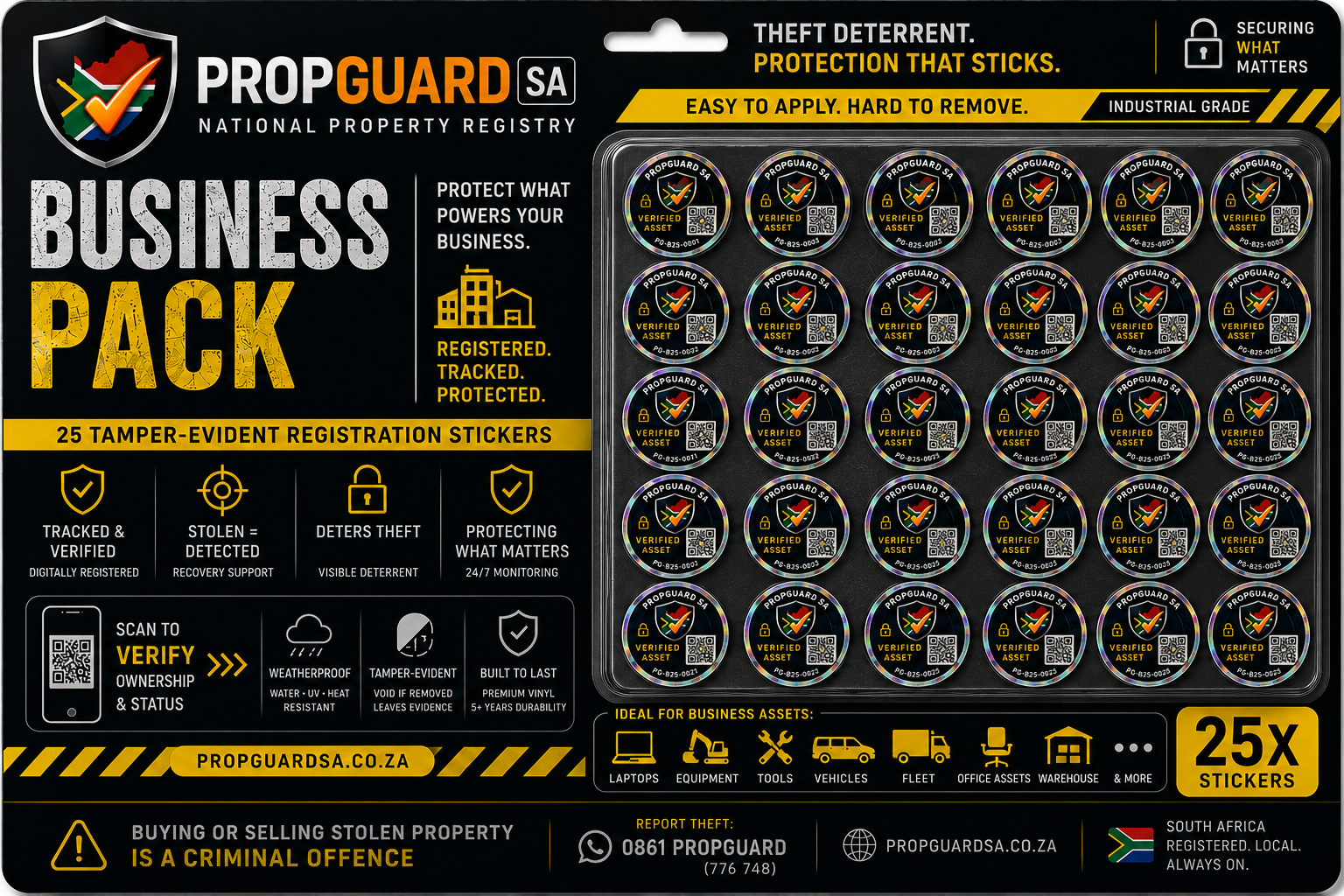 PropGuard SA Business Pack — 25 industrial-grade asset tags + 1 year Business plan