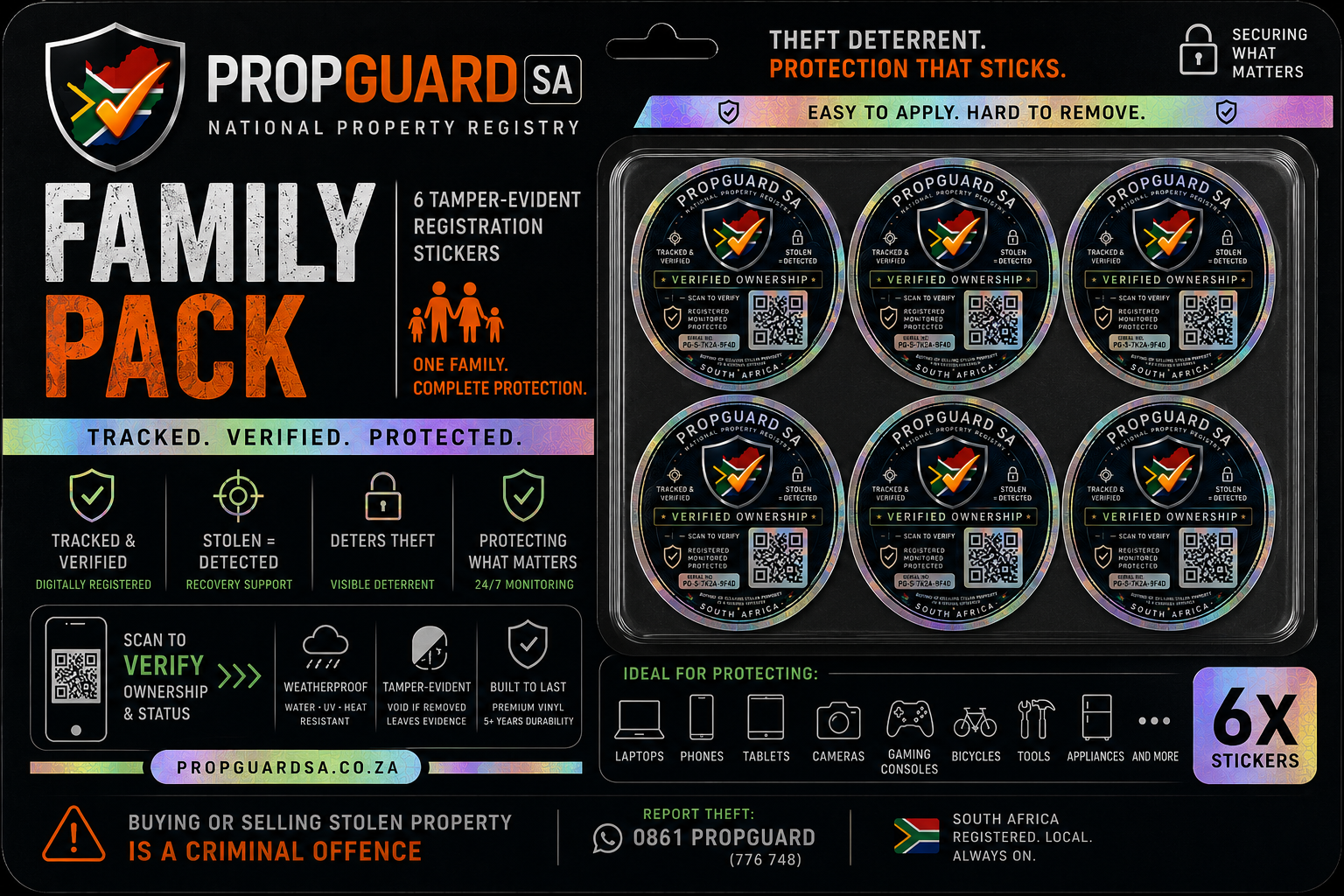 PropGuard SA Family Pack — 6 tamper-evident registration stickers + 1 year Family plan