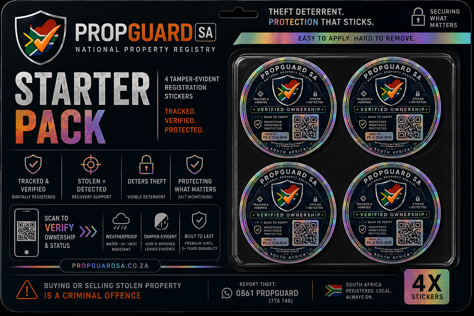 PropGuard SA Starter Pack — 4 tamper-evident registration stickers
