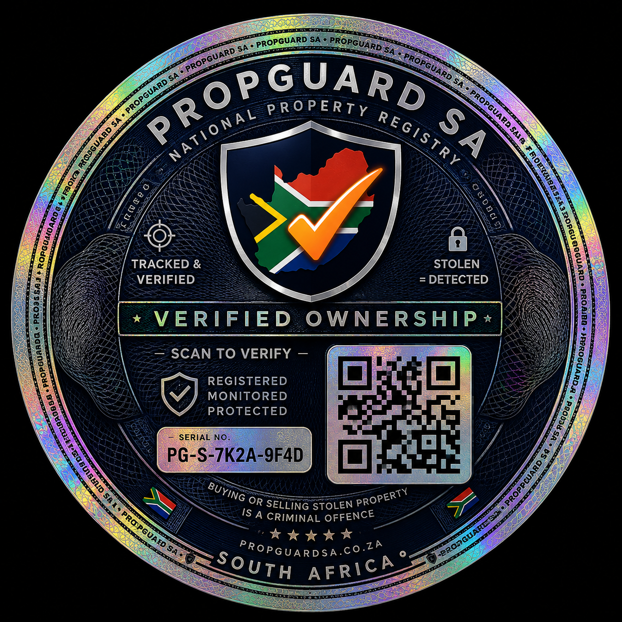 PropGuard SA Holographic Property Sticker — PG-S-7K2A-9F4D