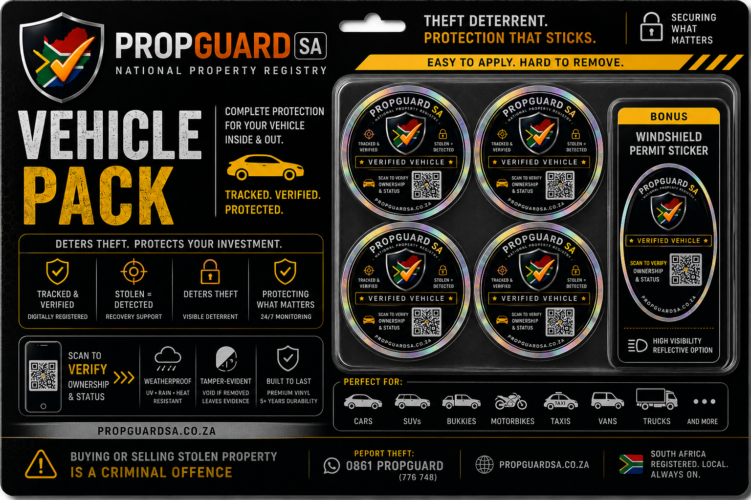 PropGuard SA Vehicle Pack — 4 verified-vehicle stickers + bonus windshield permit